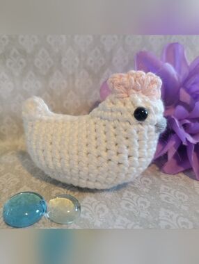 Handmade White Crochet Chick Plush with Pink Crest